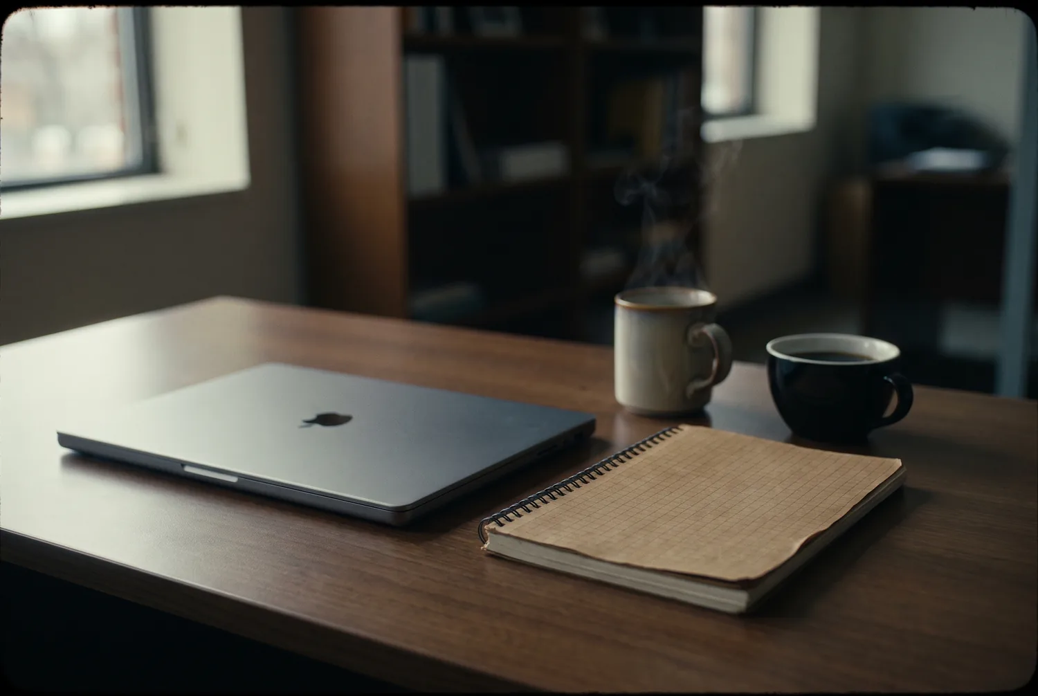The same desk the next morning, cleared, with one notebook and a fresh coffee in low morning light