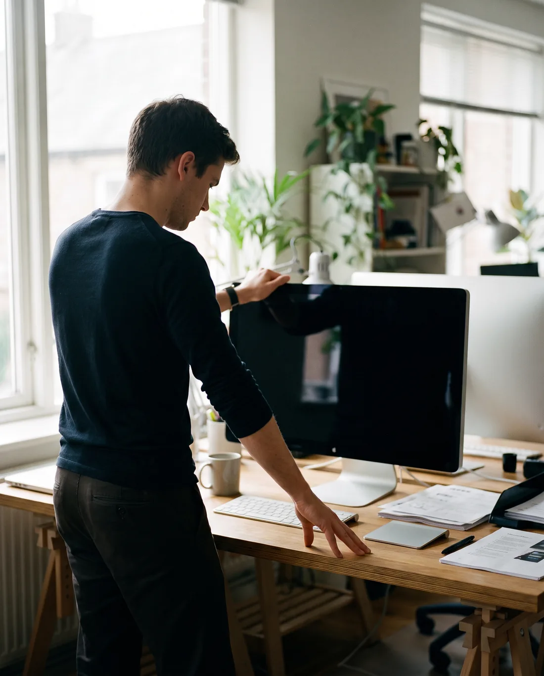 An agency founder working late at a monitor in a converted warehouse studio