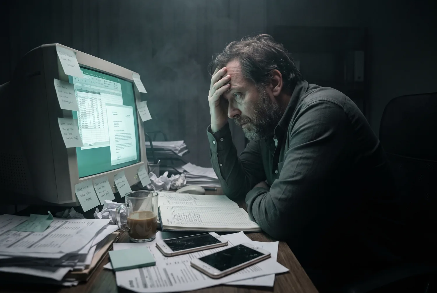 A cluttered desk late at night, two phones, sticky notes and cold coffee under a single lamp
