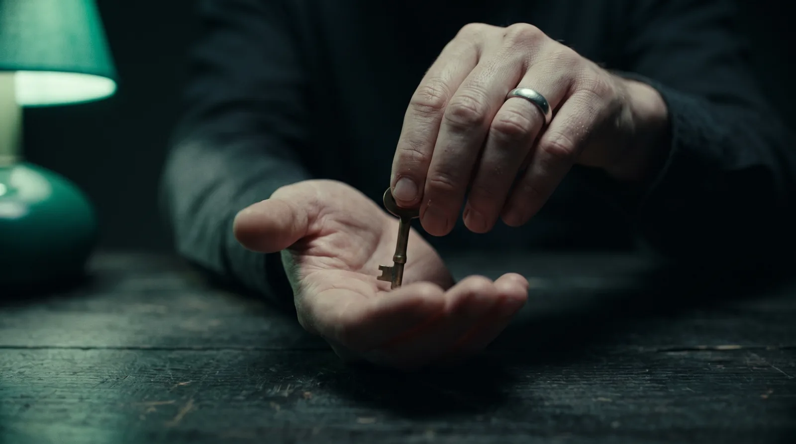One person passing a small brass key into another's open palm across a warm wooden table