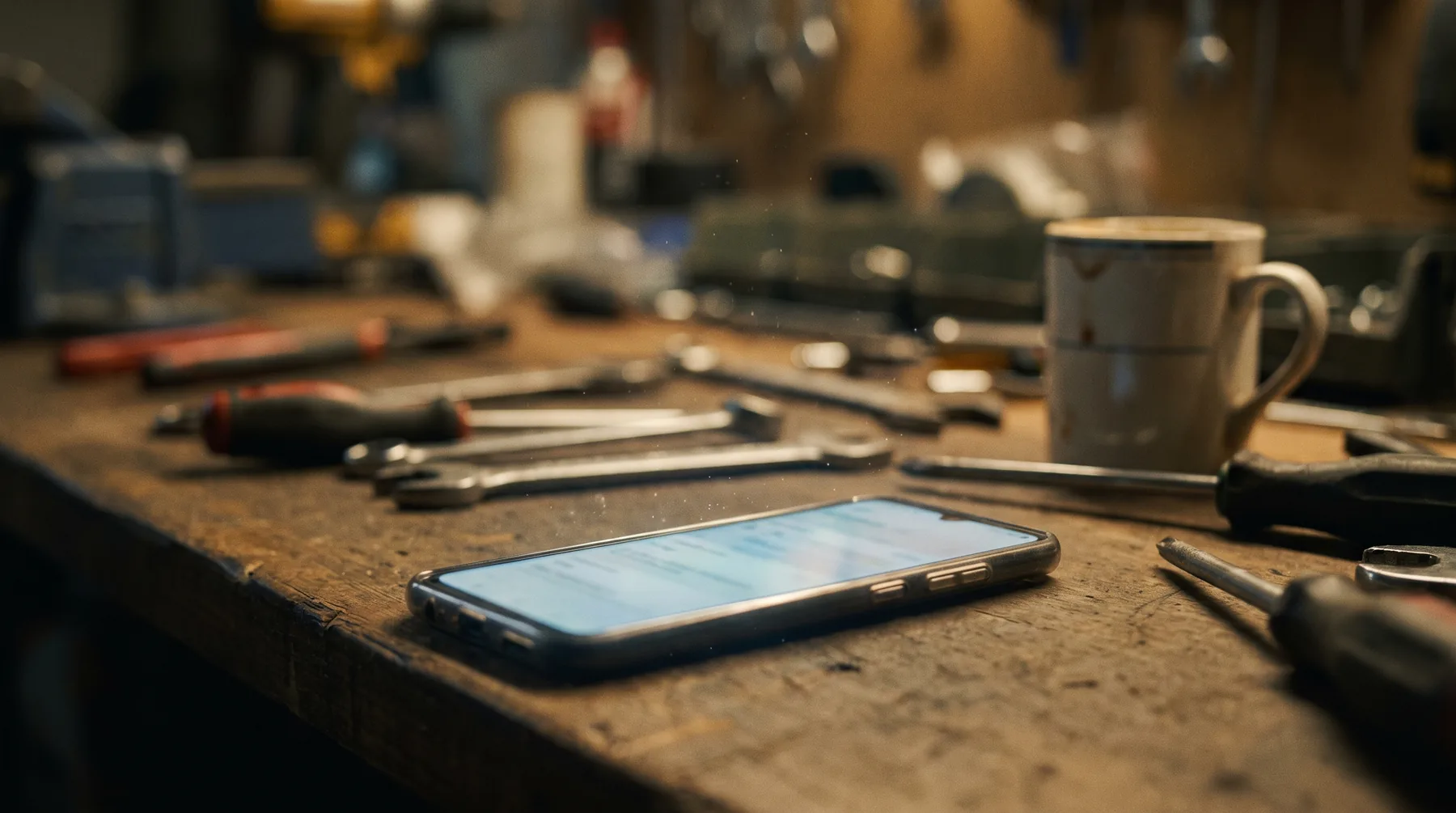 A phone glowing unattended on a dark workshop bench late at night