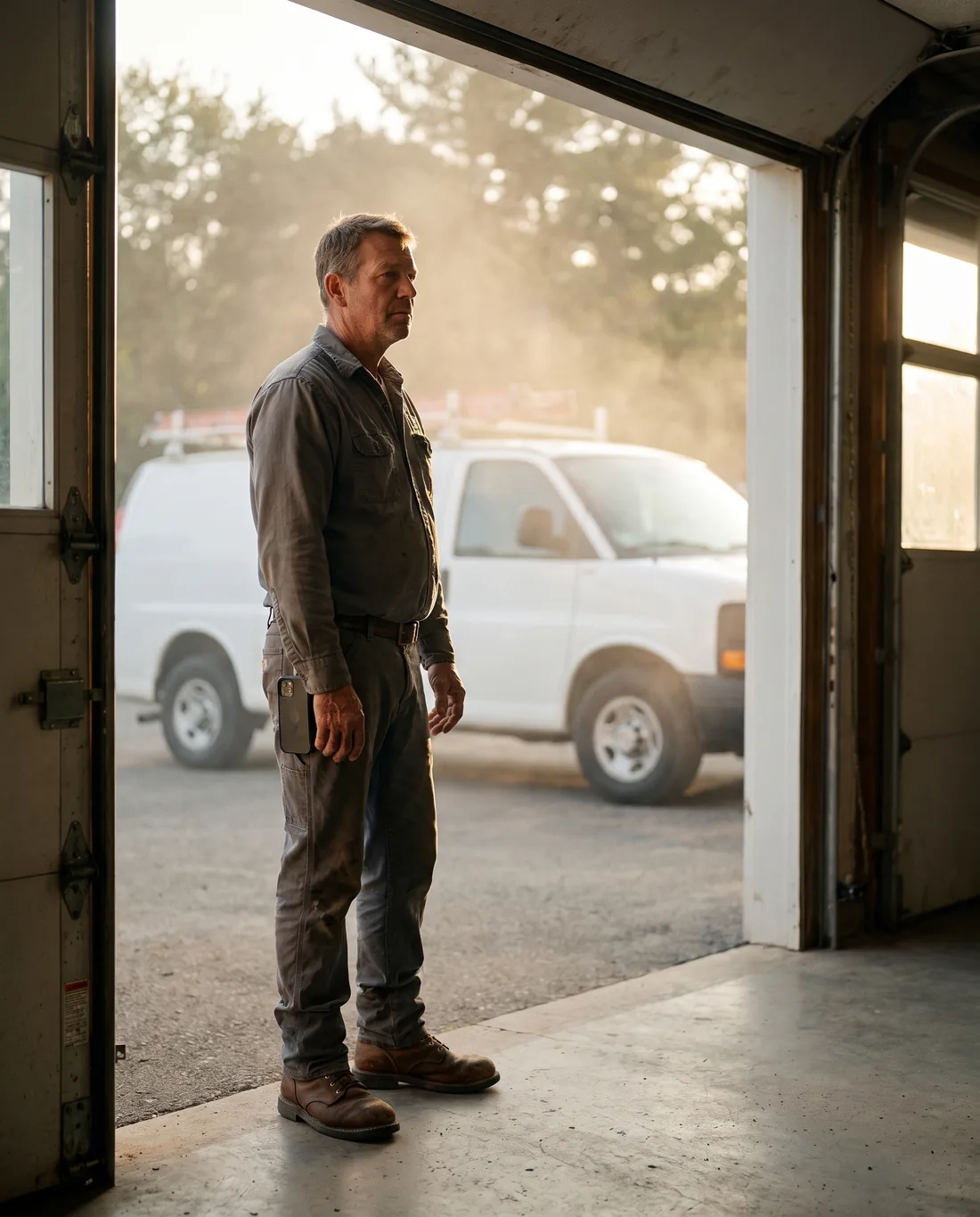 A heating and cooling contractor standing in the bay of his shop at dusk
